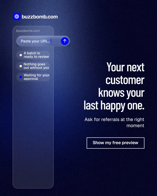 Instagram portrait post for BuzzBomb: "Your next customer knows your last happy one." Dark deco style, right layout, dark palette in blue, black.