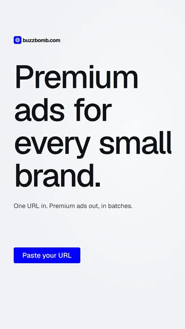 Video for BuzzBomb: "Premium ads for every small brand.". Doc motion loop, 7.0 s, light palette.