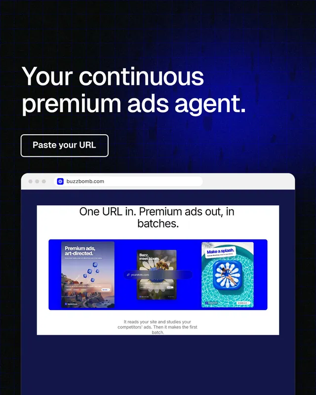 Instagram portrait post for BuzzBomb: "Your continuous premium ads agent." Phosphor atlas style, browser layout, dark palette in black, blue, white.