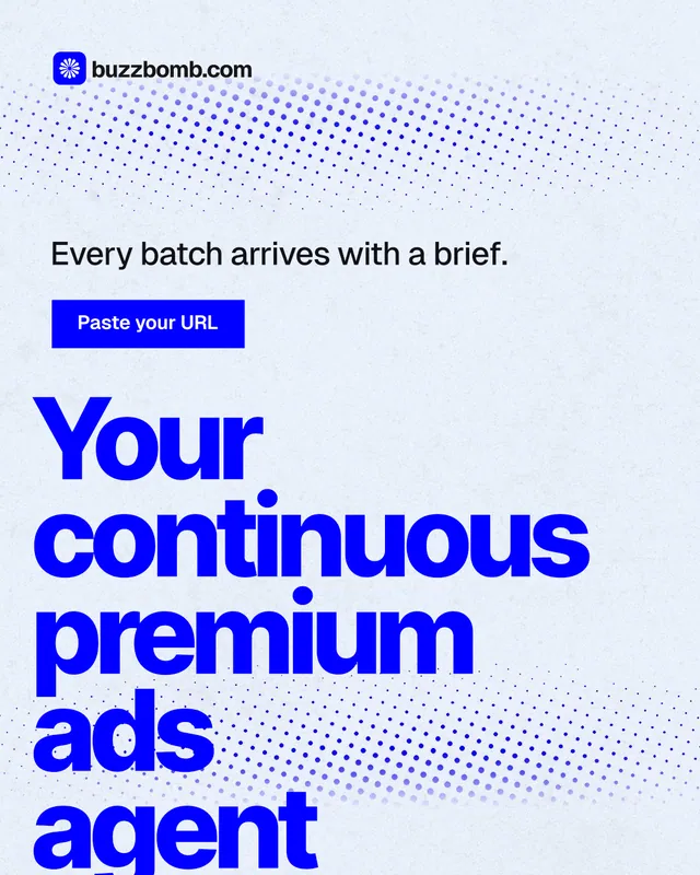 Instagram portrait post for BuzzBomb: "Your continuous premium ads agent." Swiss style, oversized layout, light palette in white, blue.