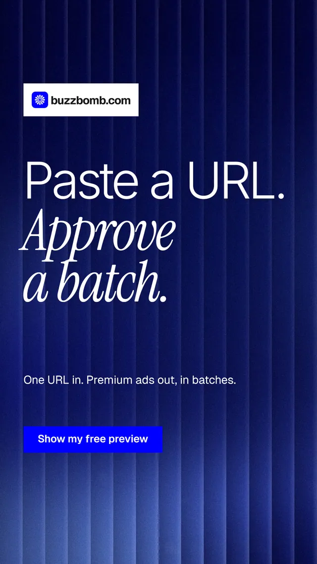 Instagram story for BuzzBomb: "Paste a URL. Approve a batch." Swiss style, announce layout, dark palette in blue.