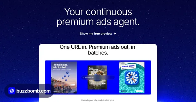 Social ad for BuzzBomb: "Your continuous premium ads agent." Swiss style, ogui layout, dark palette in blue.