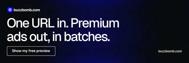 X header for BuzzBomb: "One URL in. Premium ads out, in batches." Phosphor atlas style, poster layout, dark palette in black, grey.