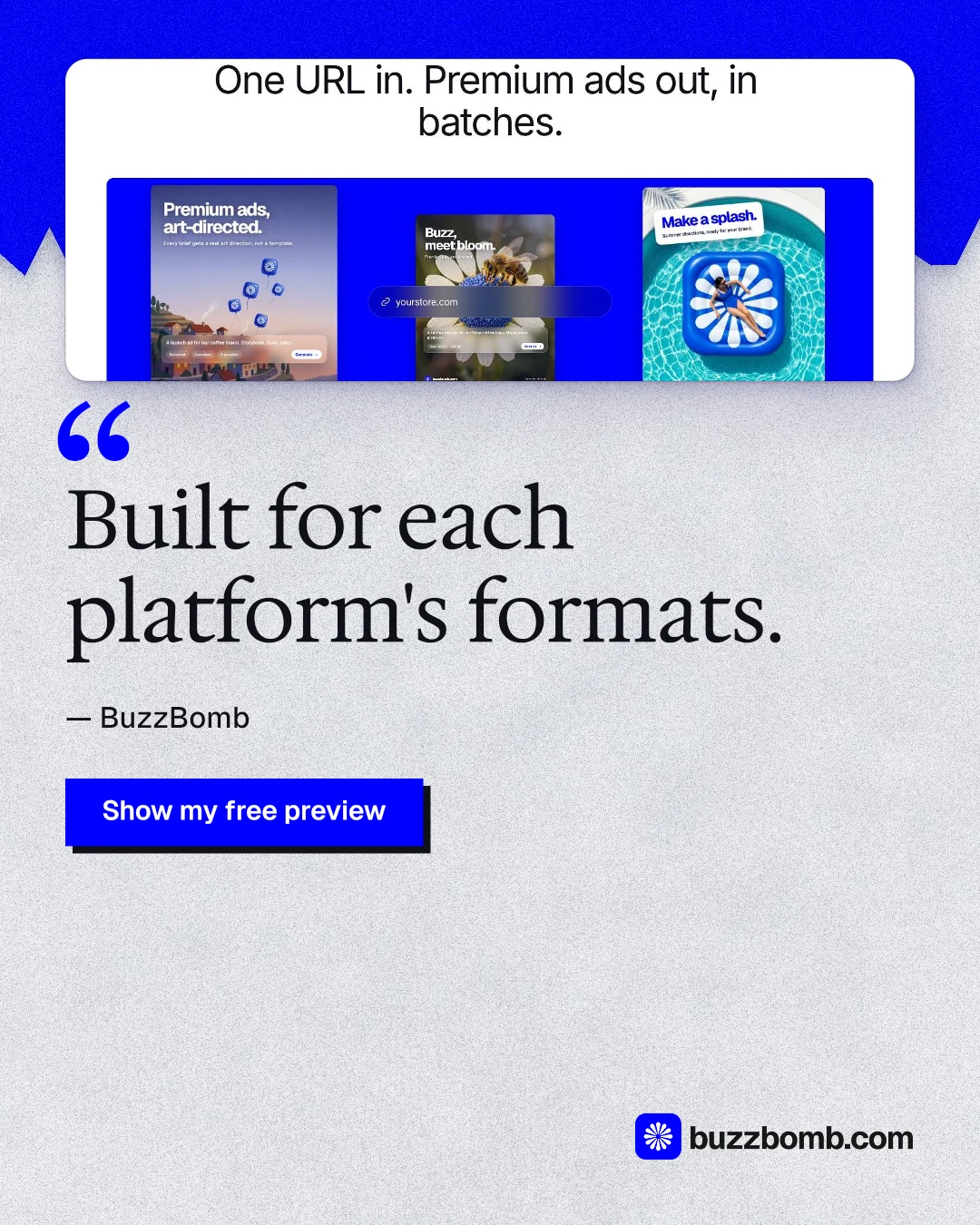 Instagram portrait post for BuzzBomb: "Built for each platform's formats." Paper trio style, quote layout, light palette in white, blue, grey.