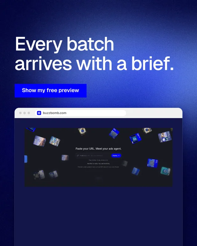 Instagram portrait post for BuzzBomb: "Every batch arrives with a brief." Swiss style, browser layout, dark palette in blue.