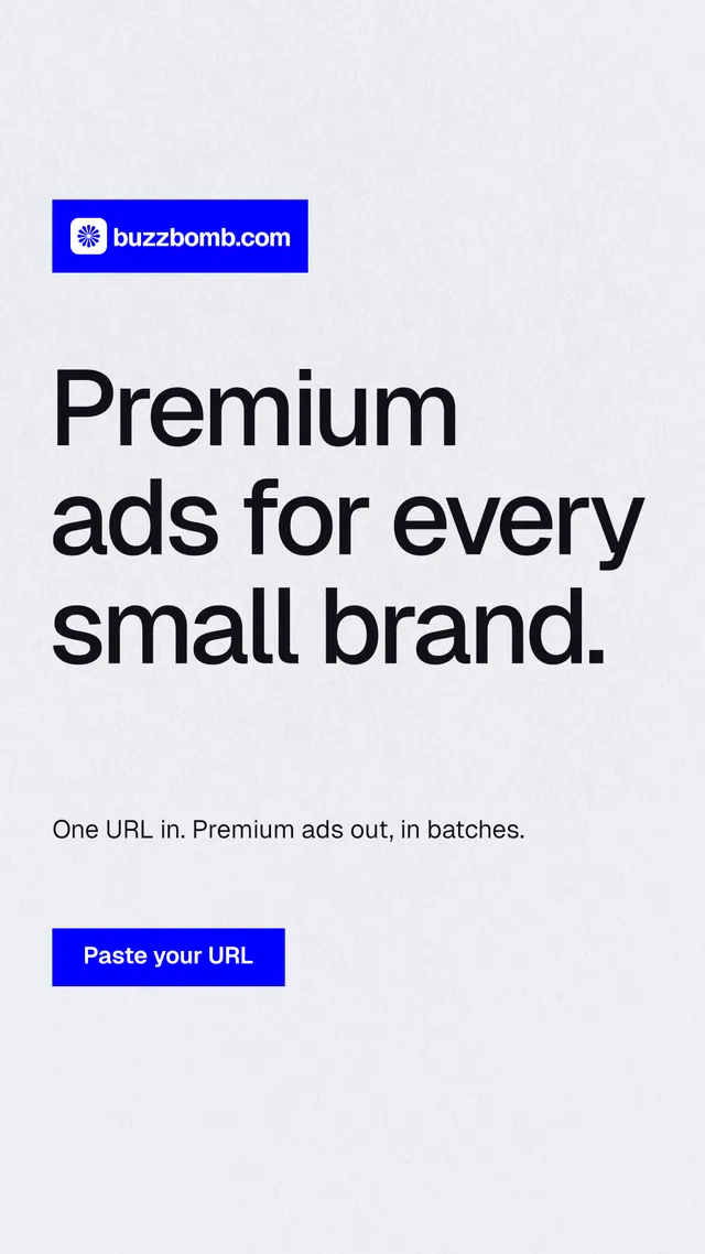 Instagram story for BuzzBomb: "Premium ads for every small brand." Swiss style, announce layout, light palette in white, blue.