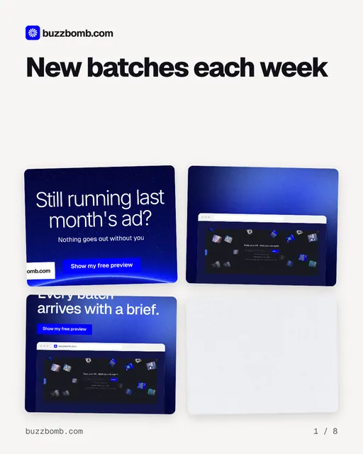 Carousel for BuzzBomb: "New batches each week". Collection carousel, 8 slides, light palette.