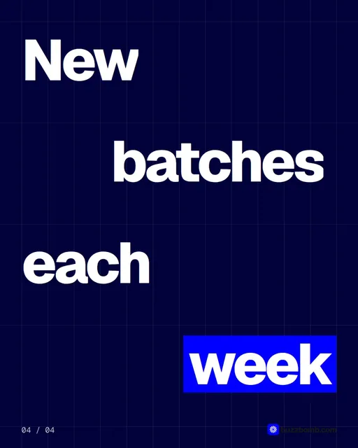 Video for BuzzBomb: "New batches each week". Kinetic type grid, 6.0 s, dark palette.