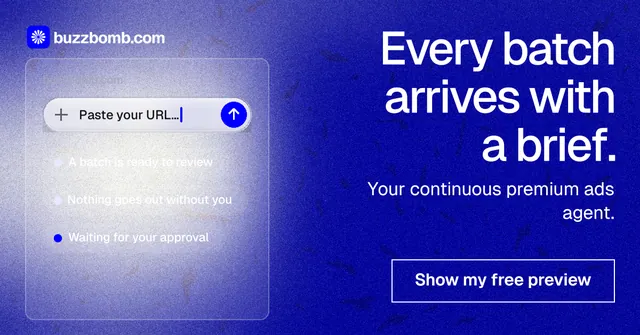 Social ad for BuzzBomb: "Every batch arrives with a brief." Cyanotype style, right layout, dark palette in blue.
