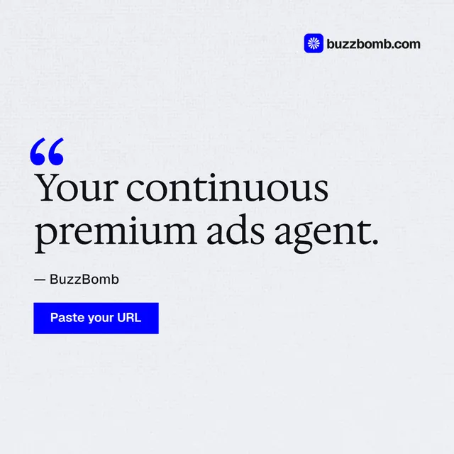 Instagram post for BuzzBomb: "Your continuous premium ads agent." Swiss style, quote layout, light palette in white, blue.