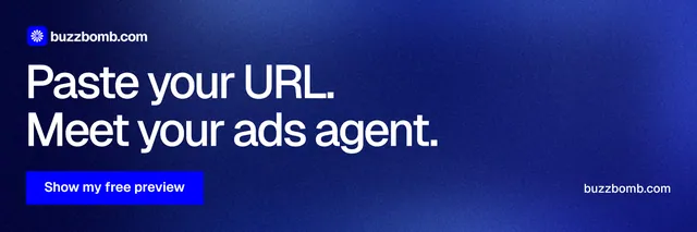 X header for BuzzBomb: "Paste your URL. Meet your ads agent." Swiss style, poster layout, dark palette in blue.