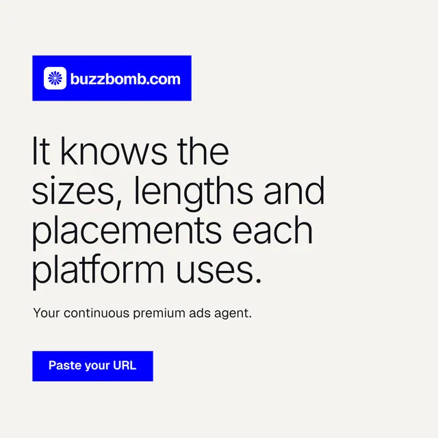 Instagram post for BuzzBomb: "It knows the sizes, lengths and placements each platform uses." Swiss style, announce layout, light palette in white, blue.