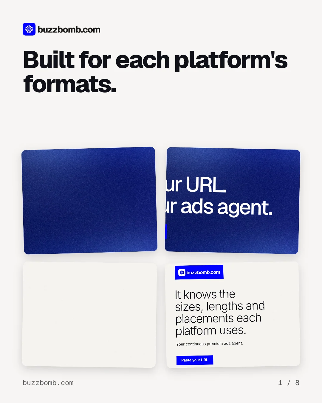 Carousel for BuzzBomb: "Built for each platform's formats.". Collection carousel, 8 slides, light palette.