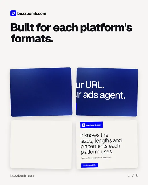 Carousel for BuzzBomb: "Built for each platform's formats.". Collection carousel, 8 slides, light palette.