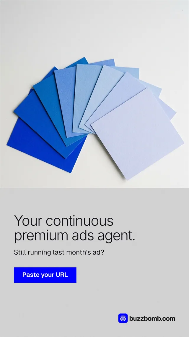 Instagram story for BuzzBomb: "Your continuous premium ads agent." Swiss style, bottom layout, light palette in white, blue.