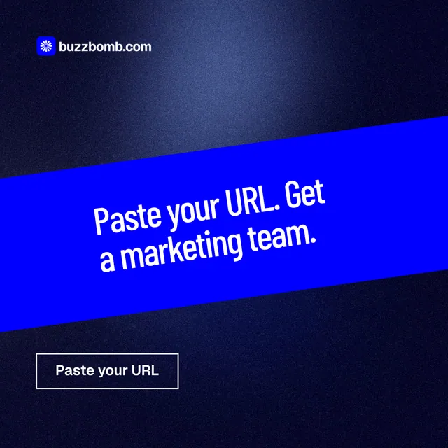 Instagram post for BuzzBomb: "Paste your URL. Get a marketing team." Dark deco style, diagonal layout, dark palette in blue.
