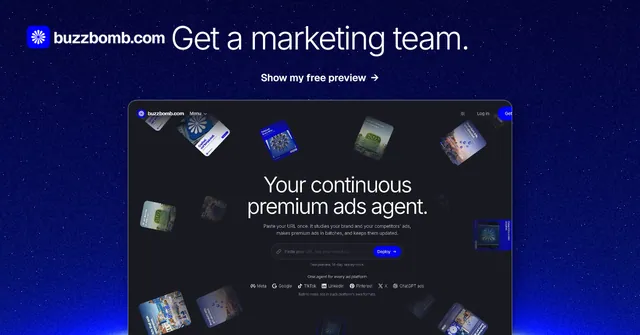 Social ad for BuzzBomb: "Get a marketing team." Swiss style, ogui layout, dark palette in black, blue, grey.