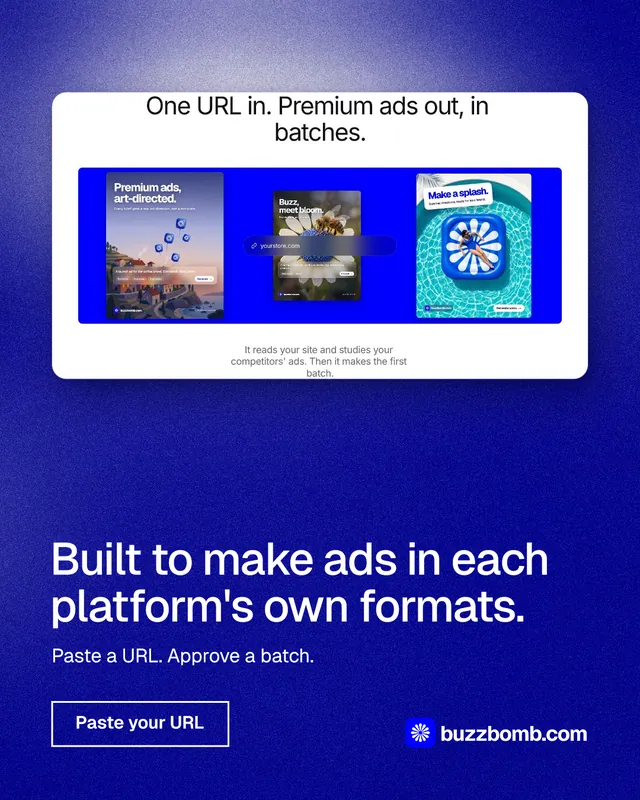Instagram portrait post for BuzzBomb: "Built to make ads in each platform's own formats." Cyanotype style, bottom layout, dark palette in blue.