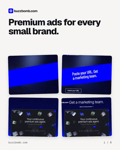 Carousel for BuzzBomb: "Premium ads for every small brand.". Collection carousel, 8 slides, light palette.