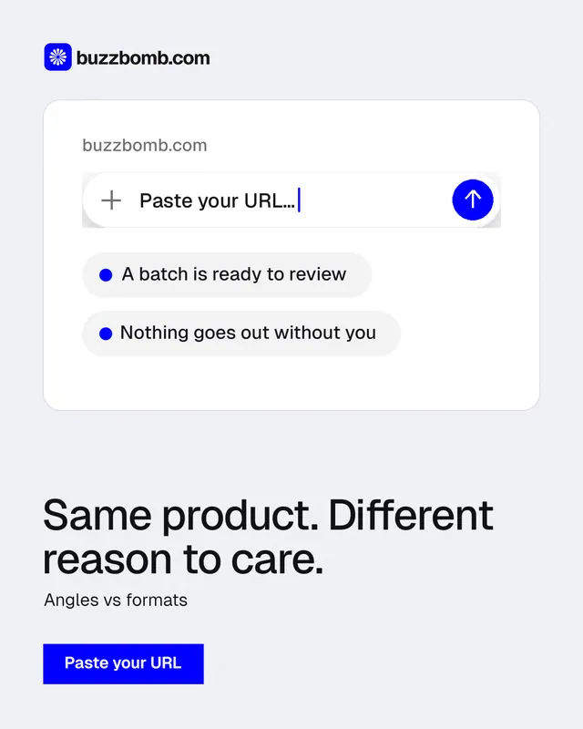 Instagram portrait post for BuzzBomb: "Same product. Different reason to care." Swiss style, bottom layout, light palette in white, blue.