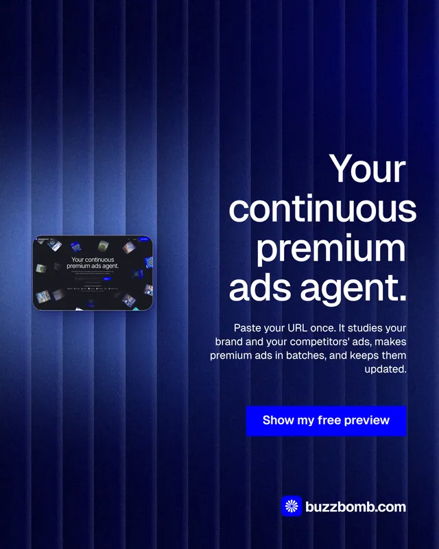 Instagram portrait post for BuzzBomb: "Your continuous premium ads agent." Swiss style, right layout, dark palette in black, blue.