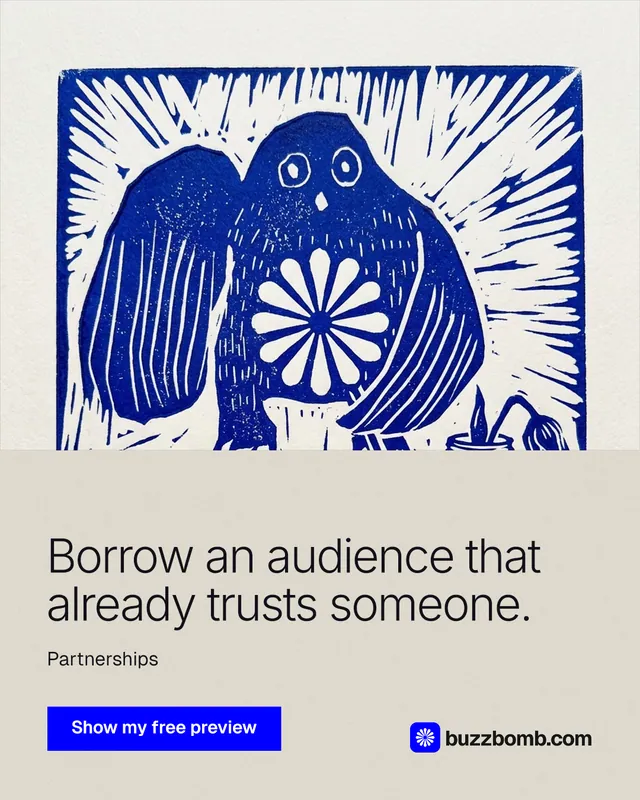 Instagram portrait post for BuzzBomb: "Borrow an audience that already trusts someone." Swiss style, bottom layout, light palette in yellow, blue, white.