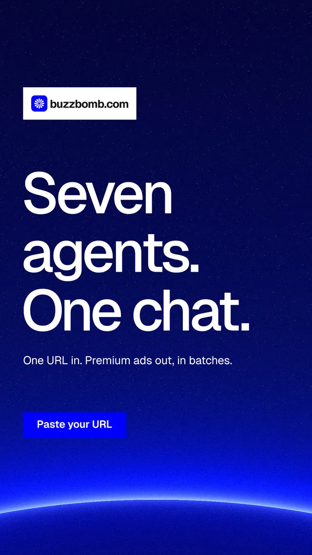 Instagram story for BuzzBomb: "Seven agents. One chat." Swiss style, announce layout, dark palette in blue.