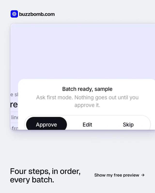 Instagram portrait post for BuzzBomb: "Four steps, in order, every batch." Data card style, image led layout, light palette in white, grey.