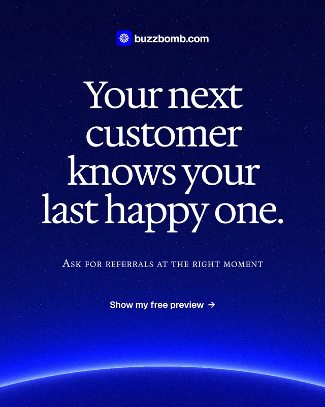 Instagram portrait post for BuzzBomb: "Your next customer knows your last happy one." Swiss style, smallcaps layout, dark palette in blue.