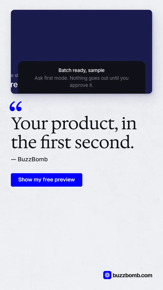 Instagram story for BuzzBomb: "Your product, in the first second." Data card style, quote layout, light palette in blue, white, grey.