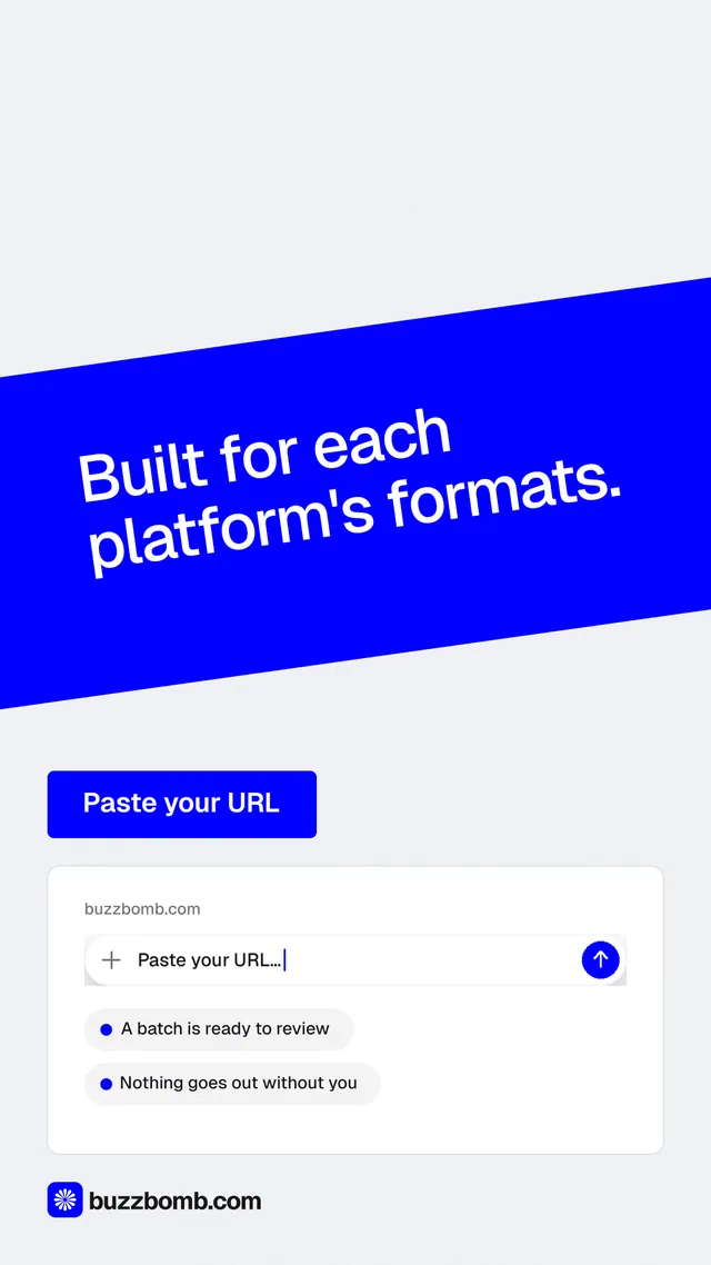 Instagram story for BuzzBomb: "Built for each platform's formats." Data card style, diagonal layout, light palette in white, blue.