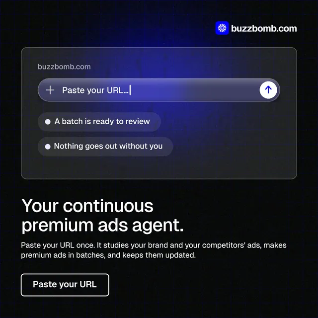 Instagram post for BuzzBomb: "Your continuous premium ads agent." Phosphor atlas style, bottom layout, dark palette in black, blue, grey.