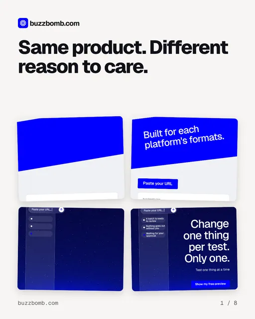 Carousel for BuzzBomb: "Same product. Different reason to care.". Collection carousel, 8 slides, light palette.