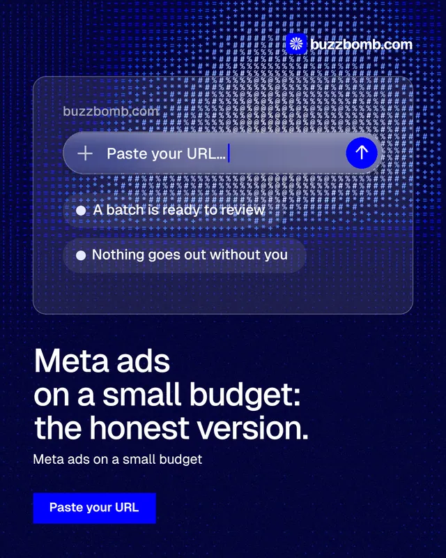 Instagram portrait post for BuzzBomb: "Meta ads on a small budget: the honest version." Swiss style, bottom layout, dark palette in black, blue.