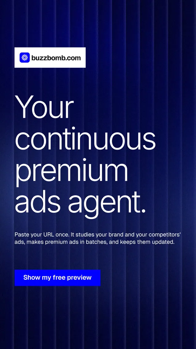 Instagram story for BuzzBomb: "Your continuous premium ads agent." Swiss style, announce layout, dark palette in black, blue, grey.