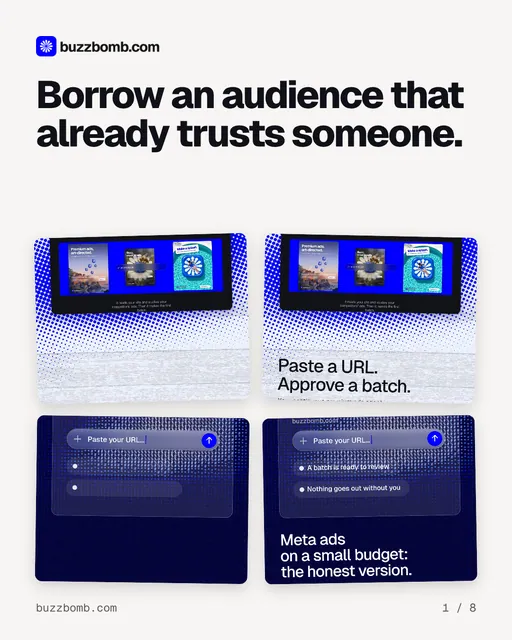 Carousel for BuzzBomb: "Borrow an audience that already trusts someone.". Collection carousel, 8 slides, light palette.