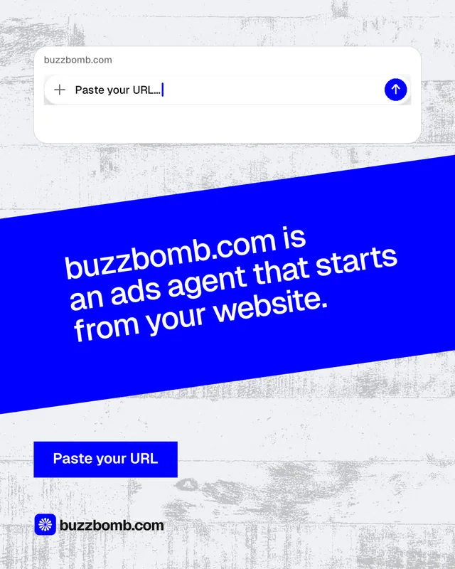 Instagram portrait post for BuzzBomb: "buzzbomb.com is an ads agent that starts from your website." Swiss style, diagonal layout, light palette in blue, white.