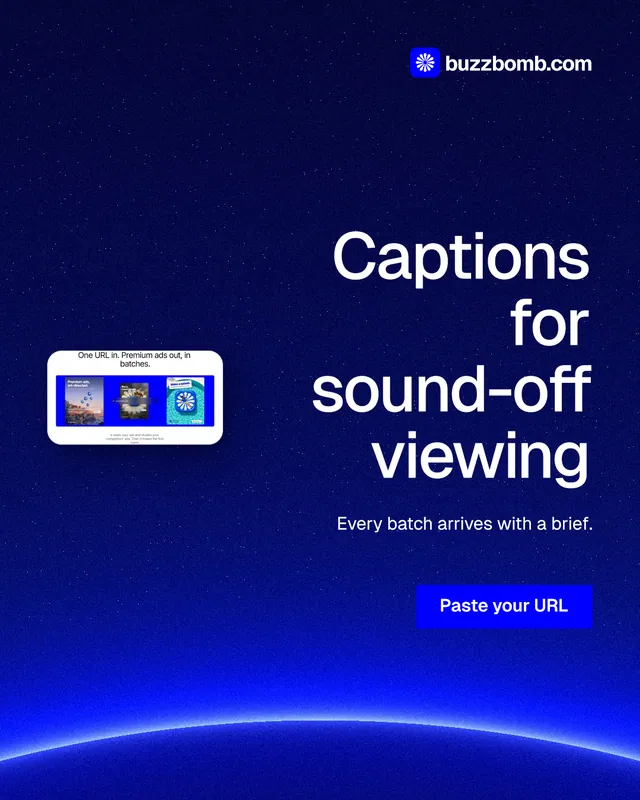 Instagram portrait post for BuzzBomb: "Captions for sound-off viewing". Swiss style, right layout, dark palette in blue.