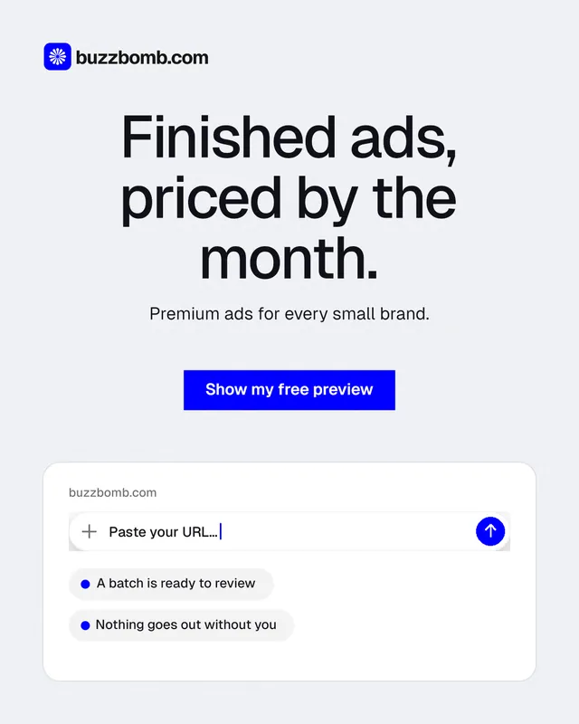 Instagram portrait post for BuzzBomb: "Finished ads, priced by the month." Swiss style, centred layout, light palette in white, blue.