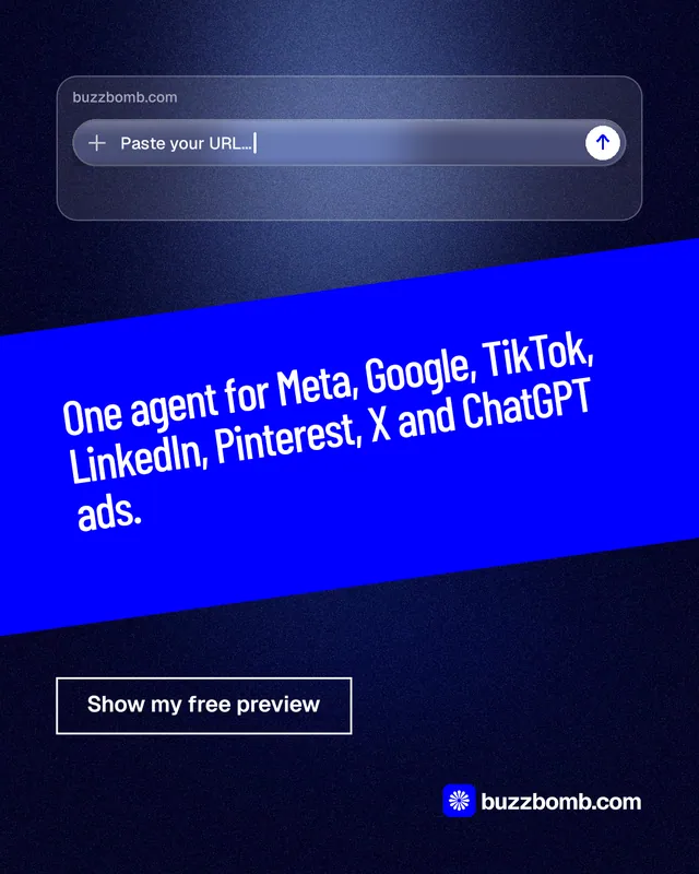 Instagram portrait post for BuzzBomb: "One agent for Meta, Google, TikTok, LinkedIn, Pinterest, X and ChatGPT ads." Dark deco style, diagonal layout, dark palette in blue.