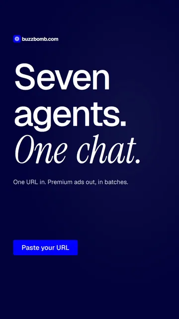 Video for BuzzBomb: "Seven agents. One chat.". Doc motion loop, 8.0 s, dark palette.