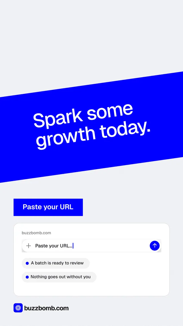 Instagram story for BuzzBomb: "Spark some growth today." Swiss style, diagonal layout, light palette in white, blue.