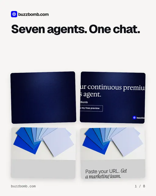 Carousel for BuzzBomb: "Seven agents. One chat.". Collection carousel, 8 slides, light palette.