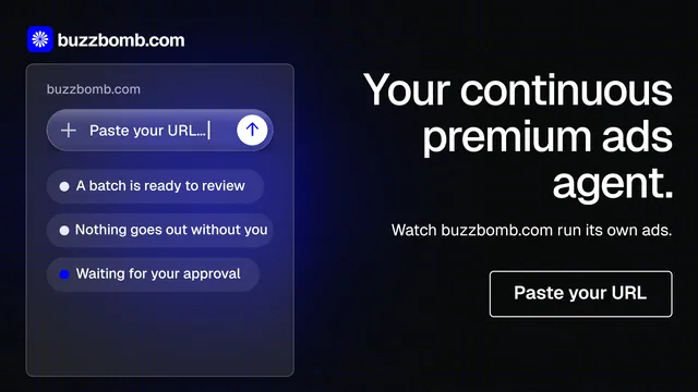 Landscape graphic for BuzzBomb: "Your continuous premium ads agent." Phosphor atlas style, right layout, dark palette in black, blue, grey.