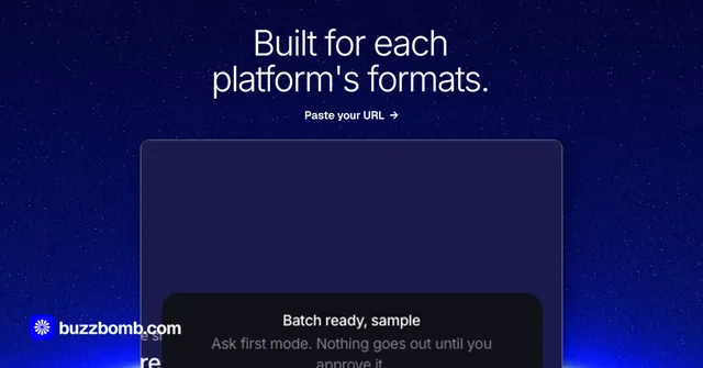 Social ad for BuzzBomb: "Built for each platform's formats." Swiss style, ogui layout, dark palette in blue.