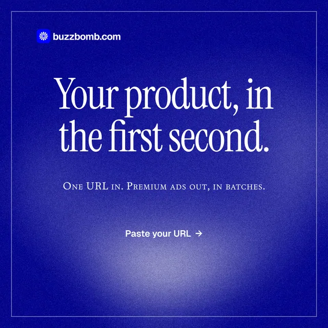 Instagram post for BuzzBomb: "Your product, in the first second." Editorial style, smallcaps layout, dark palette in blue.