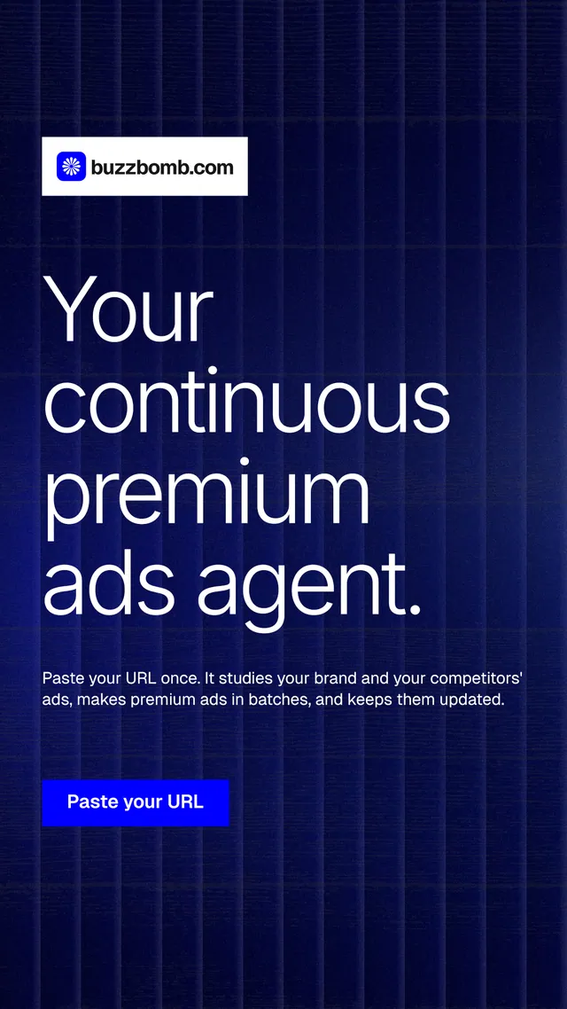 Instagram story for BuzzBomb: "Your continuous premium ads agent." Swiss style, announce layout, dark palette in black, blue, grey.