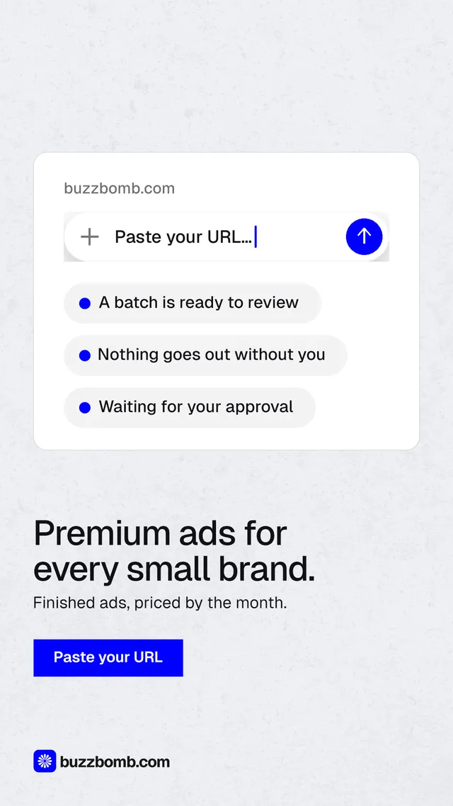 Instagram story for BuzzBomb: "Premium ads for every small brand." Swiss style, bottom layout, light palette in white, blue.