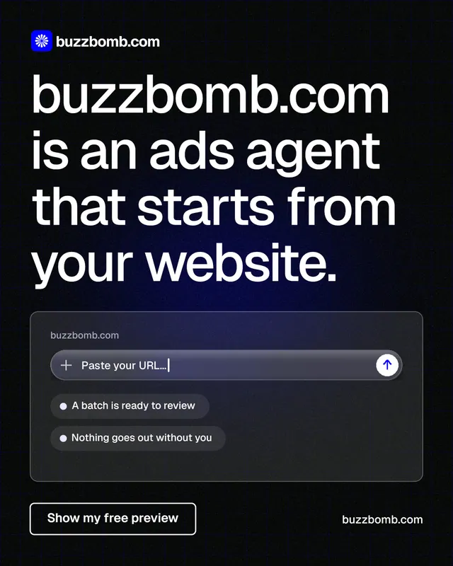Instagram portrait post for BuzzBomb: "buzzbomb.com is an ads agent that starts from your website." Phosphor atlas style, poster layout, dark palette in black, grey.