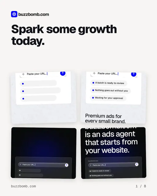 Carousel for BuzzBomb: "Spark some growth today.". Collection carousel, 8 slides, light palette.